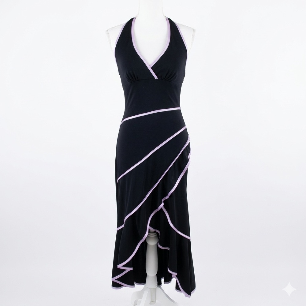 Vtg La‎ Belle Y2K Black & Lavender Halter Ruffle Mermaid Hem Maxi Dress M
